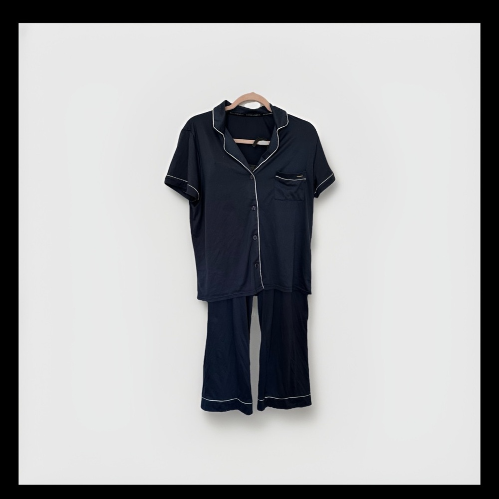 BCBGMAXAZRIA Women's Pajama Set Short Sleeve Notch Collar with Pants-NAVY/WHITE - Picture 2 of 8